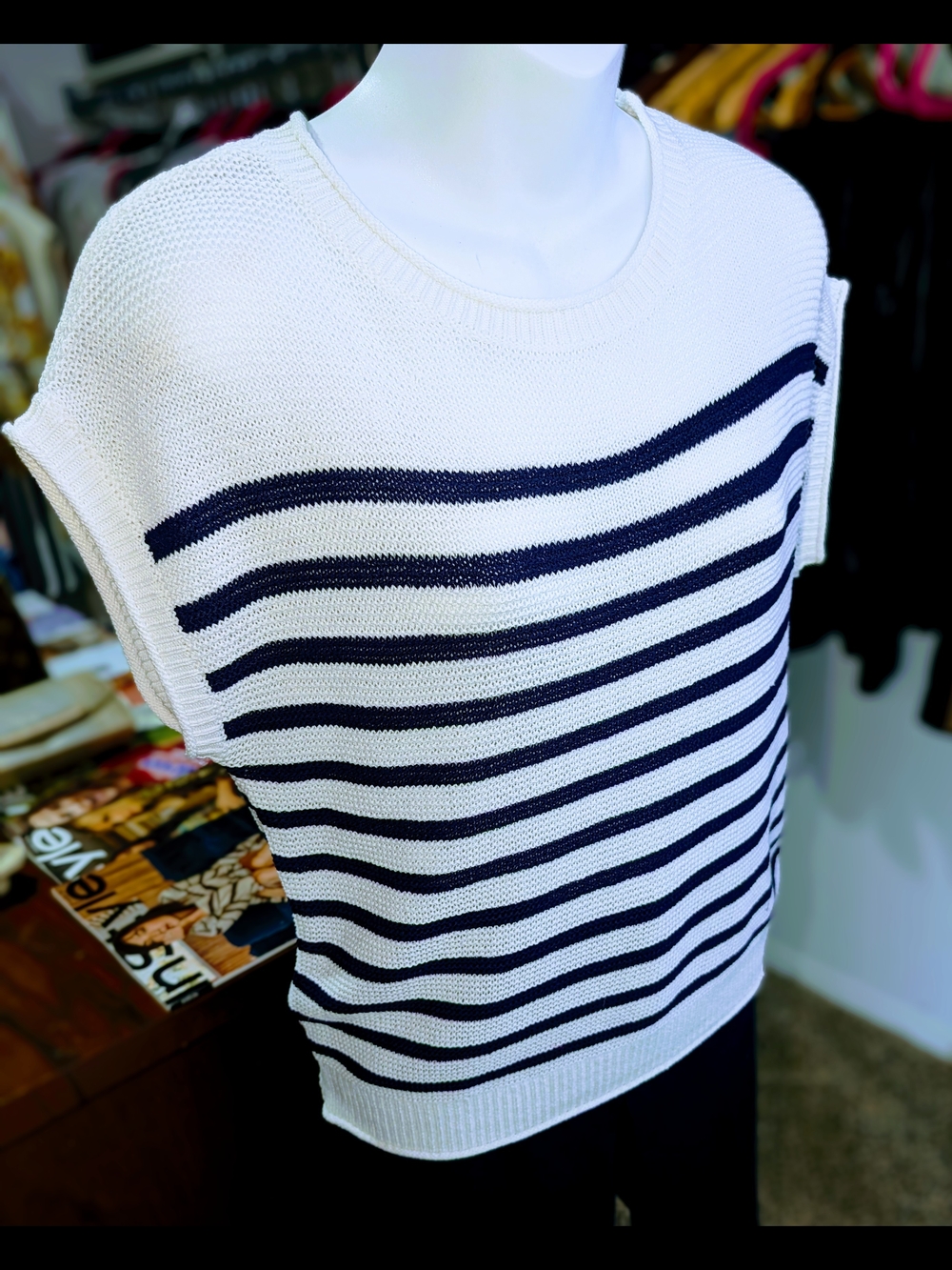 LOFT White & Navy Striped Crewneck Sweater